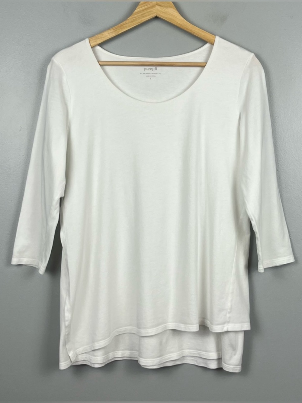 J.Jill PureJill white 3/4 sleeve artistic tee, cotton modal blend, small.